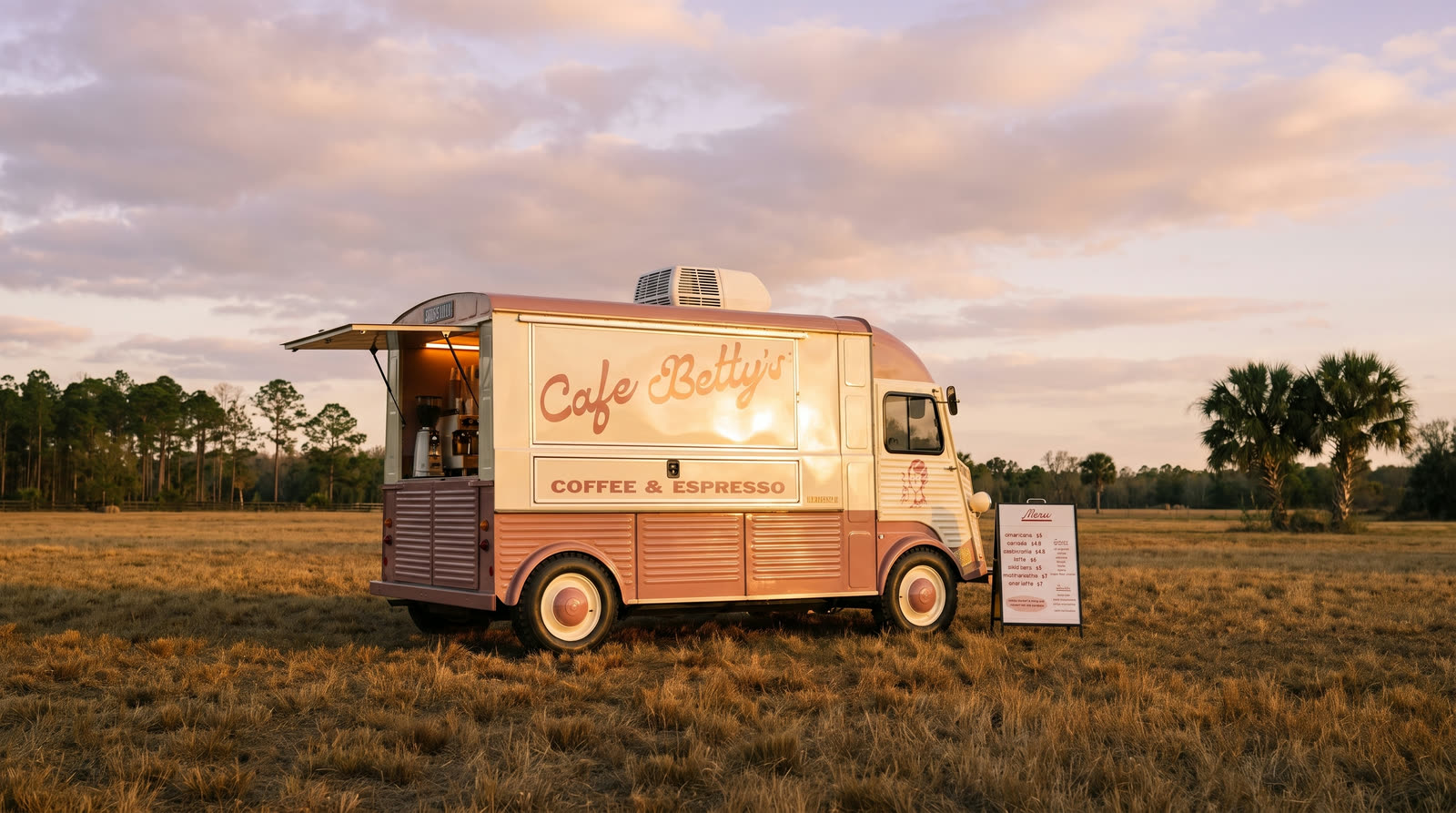Cafe Betty's cream and dusty-rose Citroën H-van coffee trailer parked in a Florida pasture at golden hour