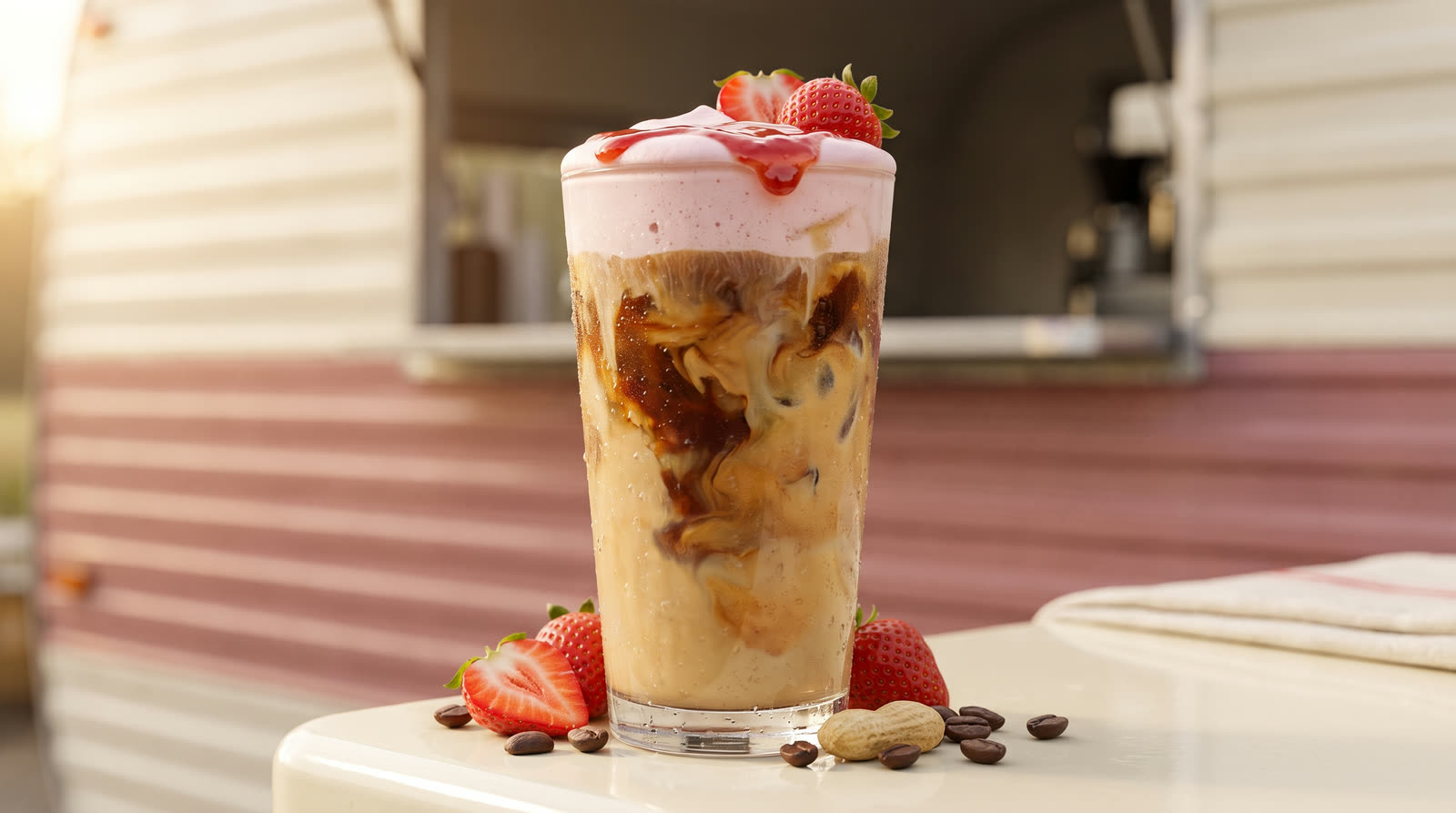 The PB&J — an iced latte with strawberry cold foam, in front of the Cafe Betty's trailer