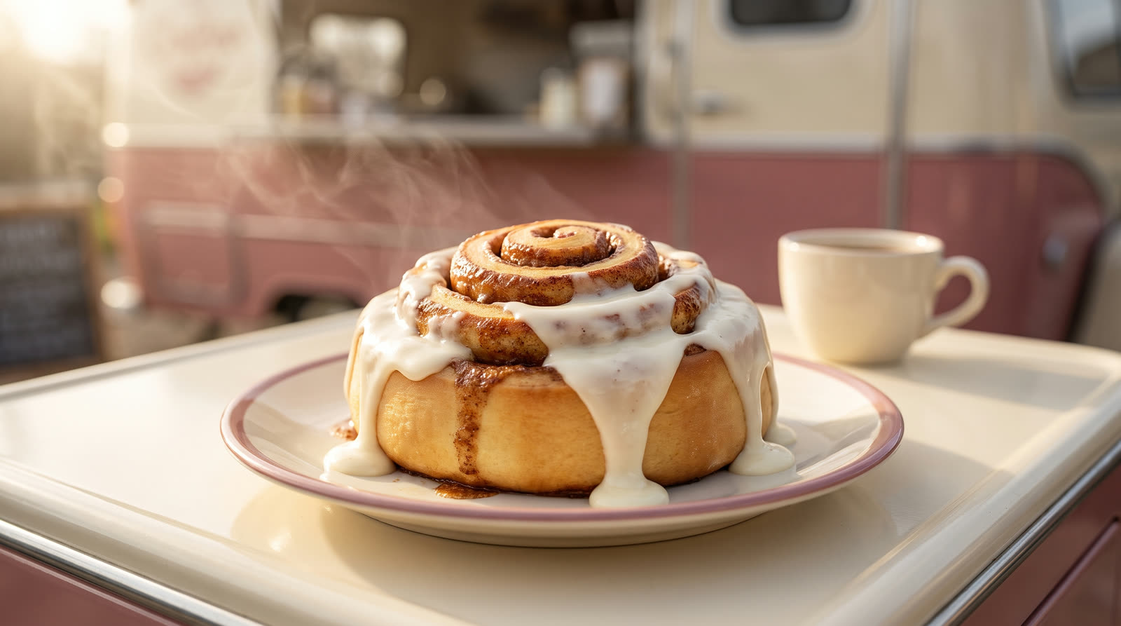 A giant hand-rolled cinnamon roll with cream-cheese frosting on a cream plate at the trailer window