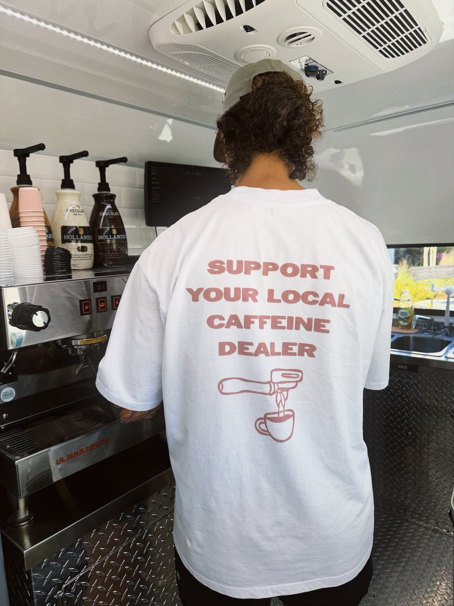 Support Your Local Caffeine Dealer oversized high-neck tee